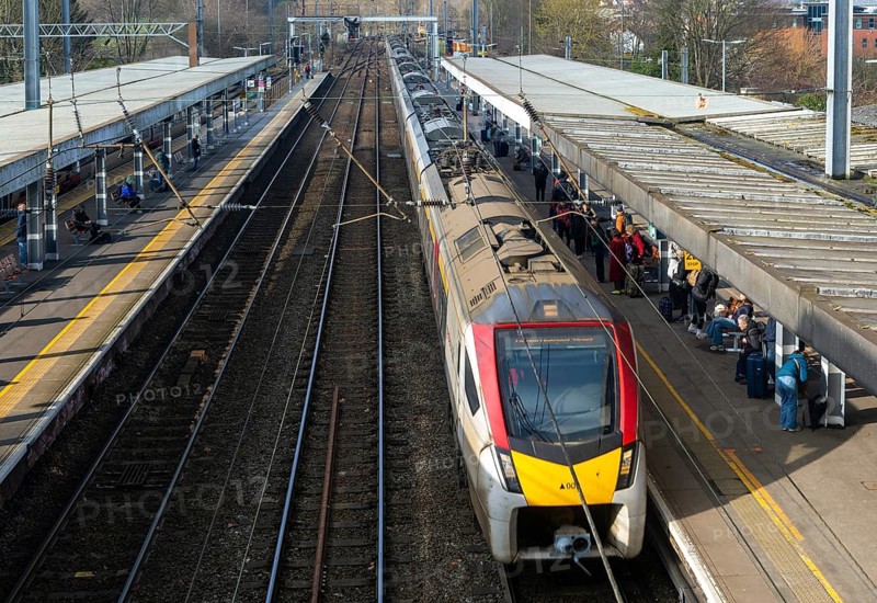 Greater Anglia, British Rail Class Stadler 755 bi-modal multiple unit passenger train arriving at Ipswich railway station, Suffolk, England, UK