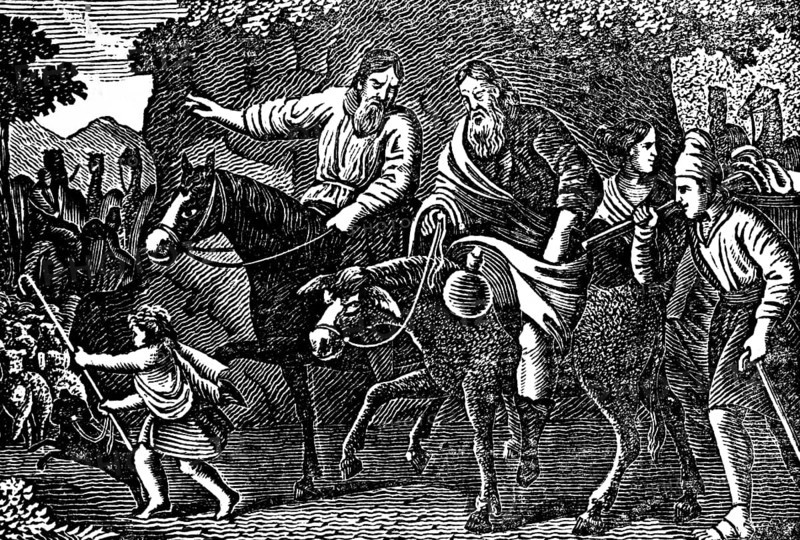 Jacob's return to Canaan, way home, woman, child, horseman, Genesis, Book of Moses, woodcut, Christoph Schmid's Biblical History 1831