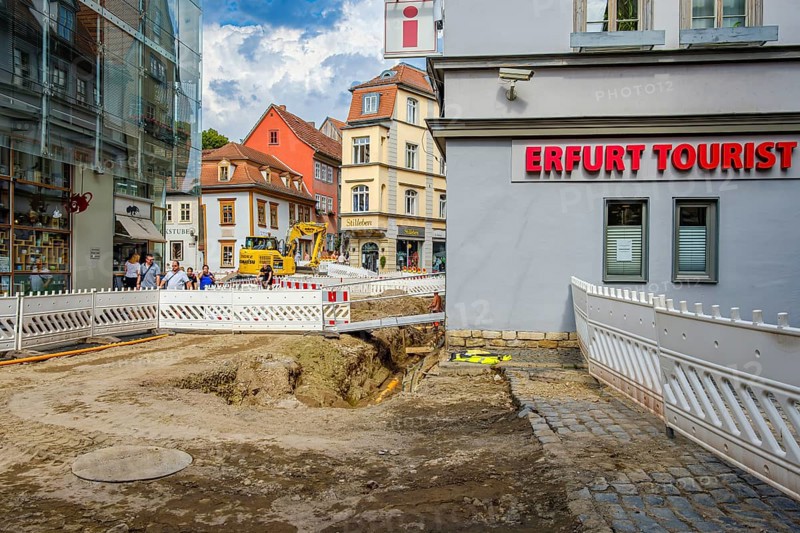 Erfurt Tourist Information with construction site in front of it, historic old town of Erfurt, Thuringia, Germany, for editorial use only, Europe