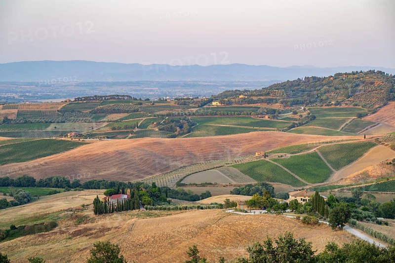 Hilly landscape in Tuscany, view from the upper city wall of Montepulciano, Tuscany, Italy, Europe