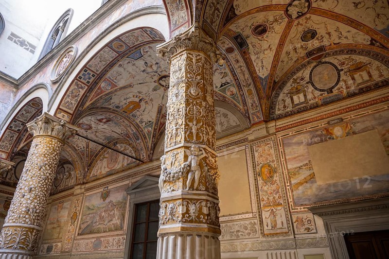 The courtyard of Palazzo Vecchio, Florence, wall paintings, UNESCO World Heritage Site, Tuscany, Italy, Europe
