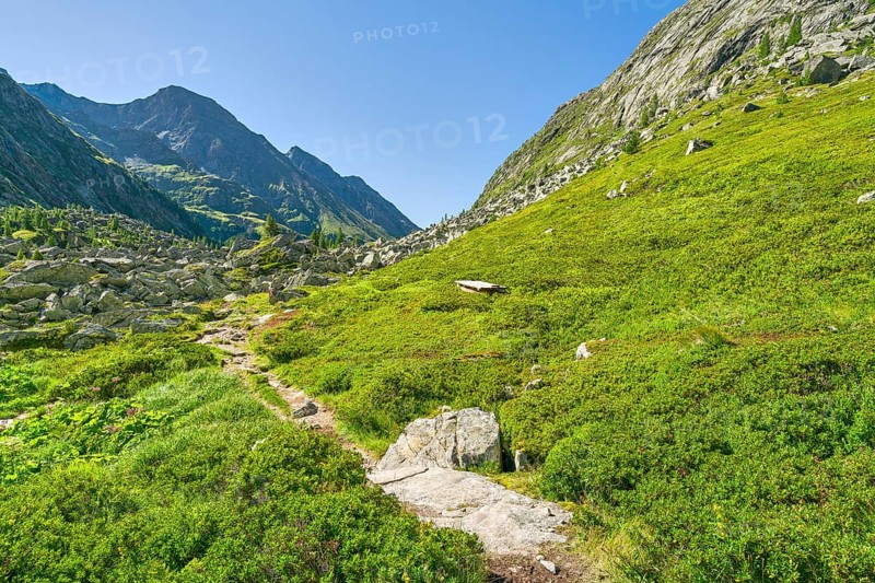 Hike to Lake Dorfer See with the Kalser Tauern in the background, mountain lake, blue sky, Dorfertal, Hohe Tauern National Park, Kals am Großglockner, East Tyrol