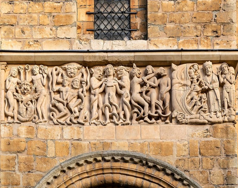 Romanesque Frieze modern replica stone carvings on cathedral frontage of cathedral church, Lincoln, Lincolnshire, England, UK