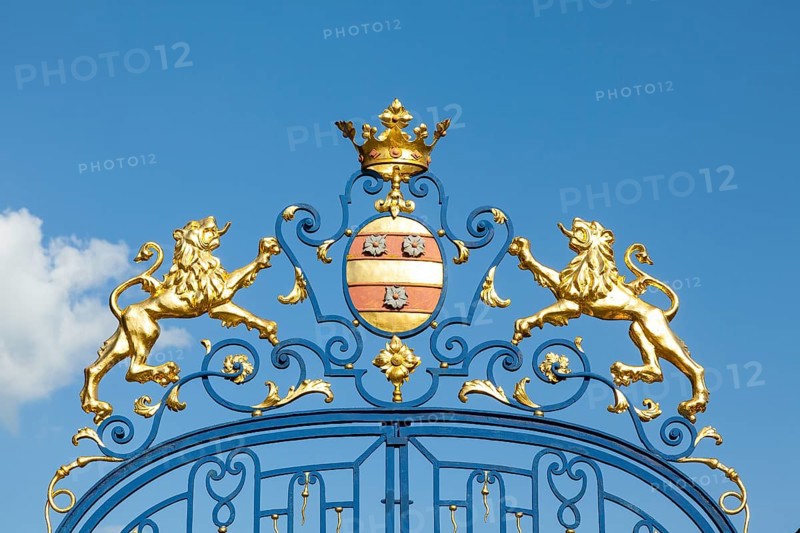 Alvensleben coat of arms on the Tor tor in the baroque garden of Hundisburg, Haldensleben, Saxony-Anhalt, Germany, Europe