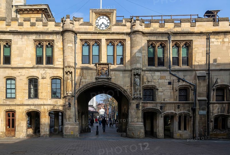 The Stonebow and Guildhall medieval town gate main city High Street, Lincoln, Lincolnshire, England, UK