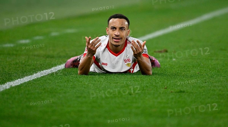 Jamie Leweling VfB Stuttgart (18) on the ground disappointed angry gesture gesture MHPArena, MHP Arena Stuttgart, Baden-Württemberg, Germany, Europe