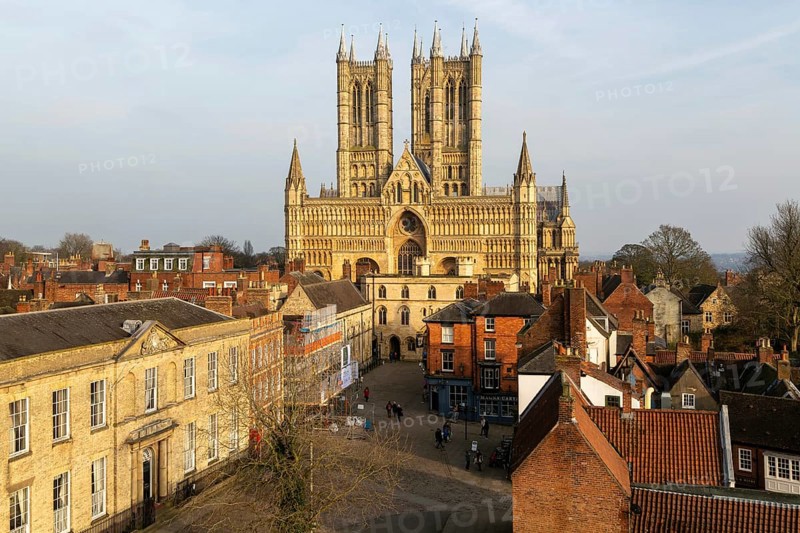 West frontage of Lincoln cathedral church viewed from castle walls, city of Lincoln, Lincolnshire, England, UK