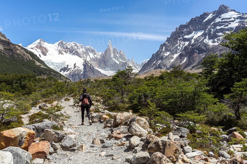 Young woman on the way to laguna torre, Mount Cerro Torre, Laguna Torre Trail, El Chaltén, Santa Cruz Province, Argentina, South America