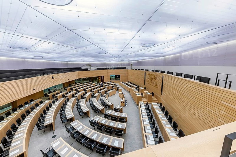 State parliament of Baden-Württemberg. Empty plenary hall, state coat of arms. Stuttgart, Baden-Württemberg, Germany, Europe
