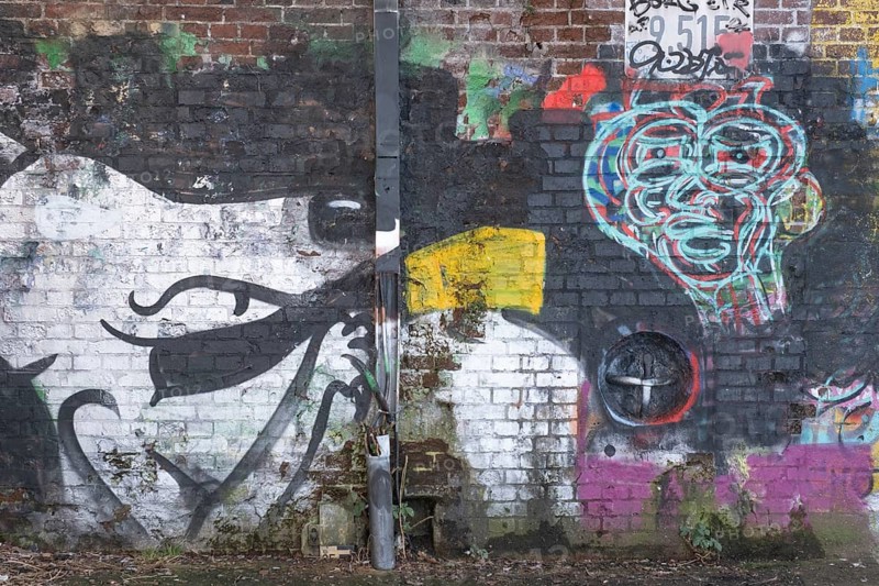 Grafitti under the city railway bridge at Linderner harbour, lock, canal, reflection, Limmer, Hanover, Lower Saxony, Germany, Europe