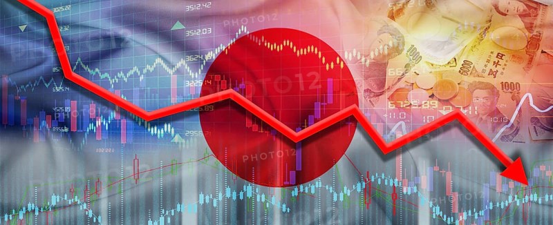 Japan financial crisis on economic graph. Financial fall of Japan on economy market
