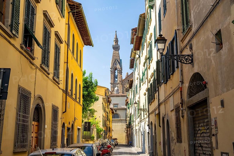 View of a street with Church Santa Croce in Florence, tower, UNESCO World Heritage Site, Tuscany, Italy, Europe