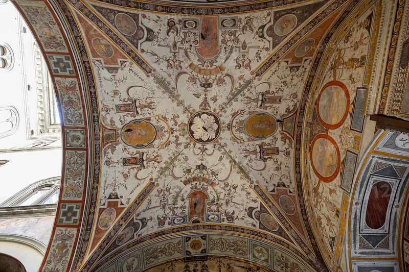 The courtyard of Palazzo Vecchio, Florence, wall paintings, UNESCO World Heritage Site, Tuscany, Italy, Europe