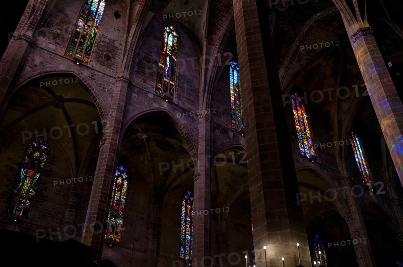 Colourful church windows, interior view, La Seu, Basilica de Santa Maria, Cathedral of Saint Mary, Palma de Majorca, Majorca, Balearic Islands, Balearic Islands, Spain, Europe