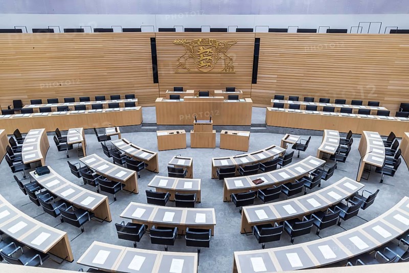 State parliament of Baden-Württemberg. Empty plenary hall, state coat of arms. Stuttgart, Baden-Württemberg, Germany, Europe