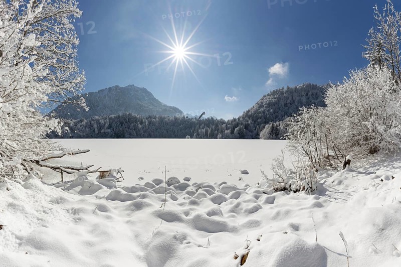 Freibergsee in winter, near Oberstdorf, behind it the Himmelschrofen, 1791m, and the Heini-Klopfer ski jump, Allgäu Alps, Oberallgäu, Allgäu, Bavaria, Germany, Europe