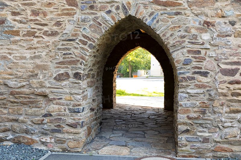 Passage through an old city gate, the Yellow Lion Tower, Freiberg, Saxony, Germany, Europe