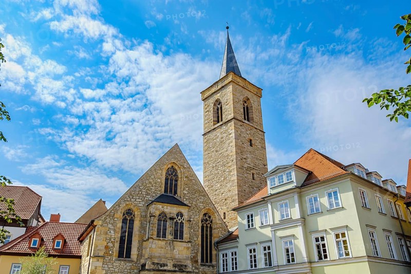 The Ägidienkirche on Wenigemarkt as the eastern entrance to the Krämerbrücke in the historic city centre of Erfurt, Thuringia, Germany, Europe
