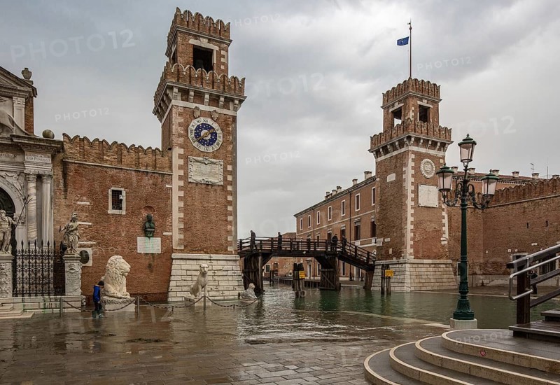 Venice, Arsenal, square in front of the Porta Magna from 1460 with the lion statues captured in Athens in 1687 at high water. On the right, water gate from 1574