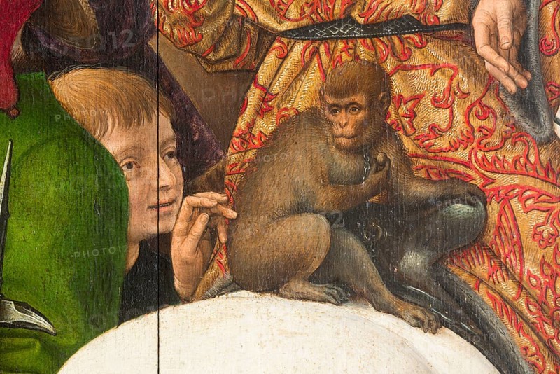 Passion altar from the Greveraden Chapel of the cathedral by Hans Memling, Bruges 1491, detail child and monkey, St., Saint, Saint