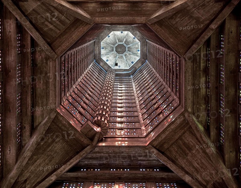 Interior view of the tower looking upwards, spiral staircase on the left coloured glass window by Marguerite Huré, St., Saint, Saint