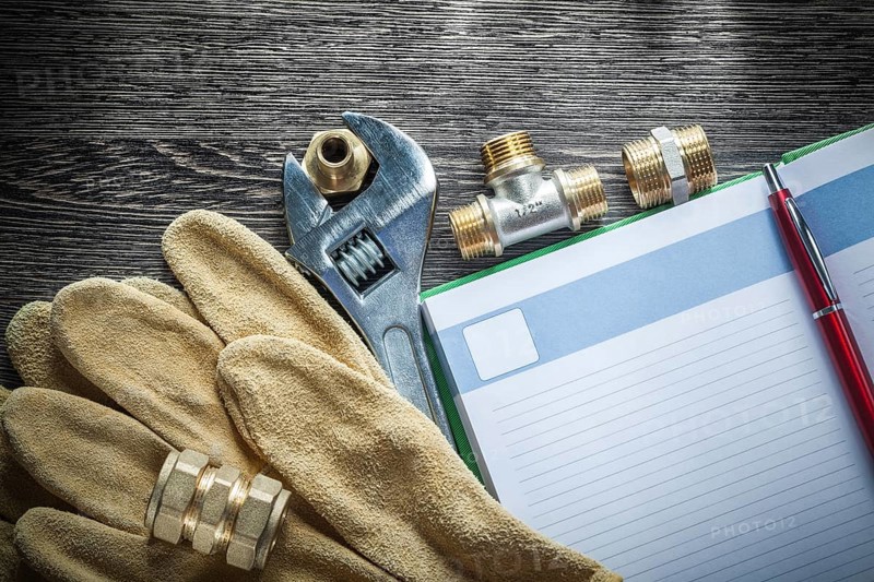 Adjustable spanner pipe connectors leather protective gloves notepad pen