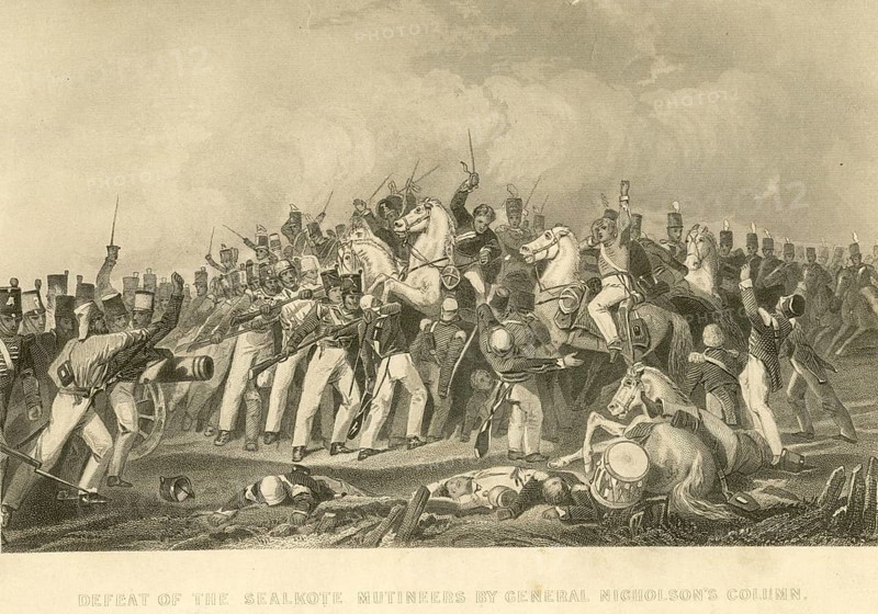 Military and munity mutiny views defeat of Sealkote mutineers by General Nicholson's column, India, Asia