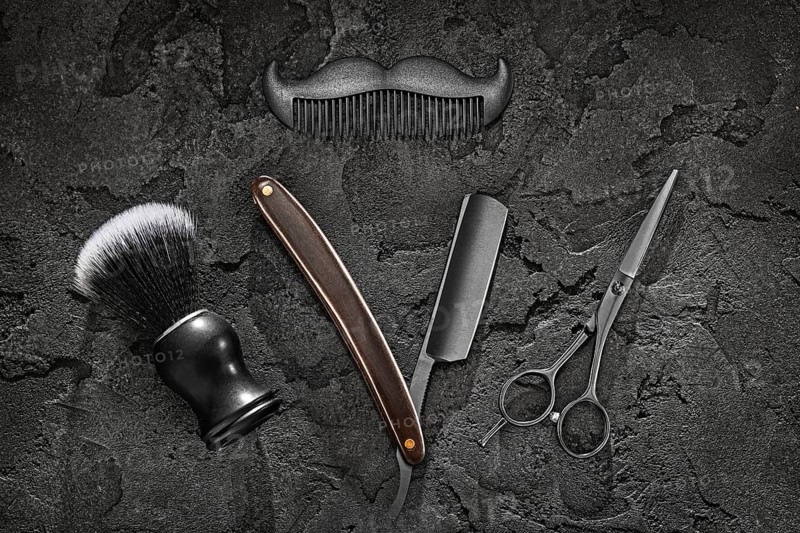 Black Barber Tools. Barber Shop. Shaving Brush Stright Razor Scissors Comb Symbol