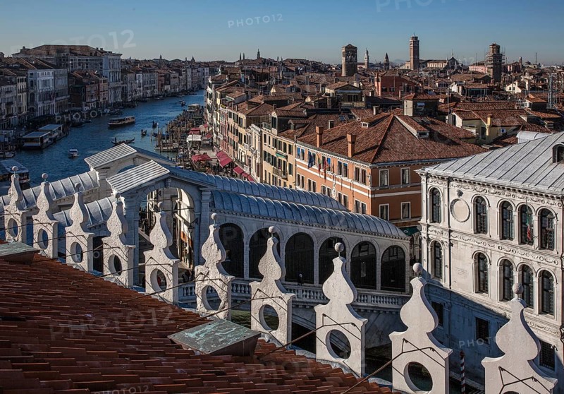 Venice, Grand Canal, view from the roof of the Fondaca dei Tedeschi to the west, on the right Palazzo dei Camerlenghi, below Rialto Bridge, above Grand Canal, top right centre: Frari Church, St., Saint, Saint