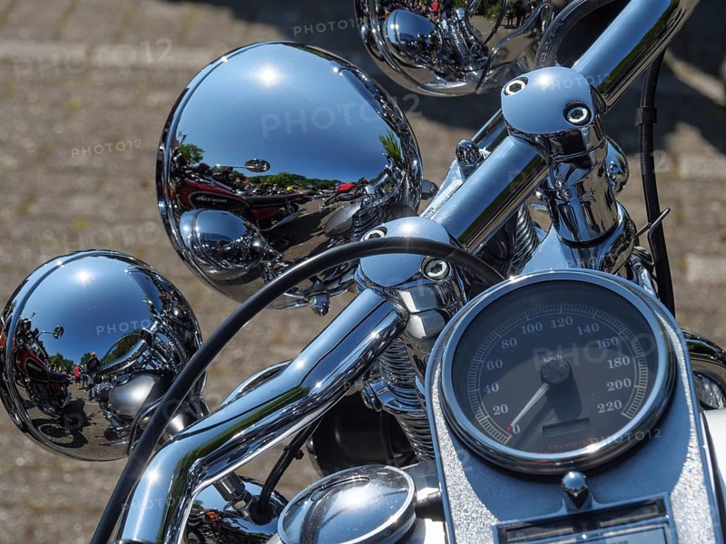 Chrome details of a motorbike with several round mirrors and instruments, Appelhülsen, münsterland, germany