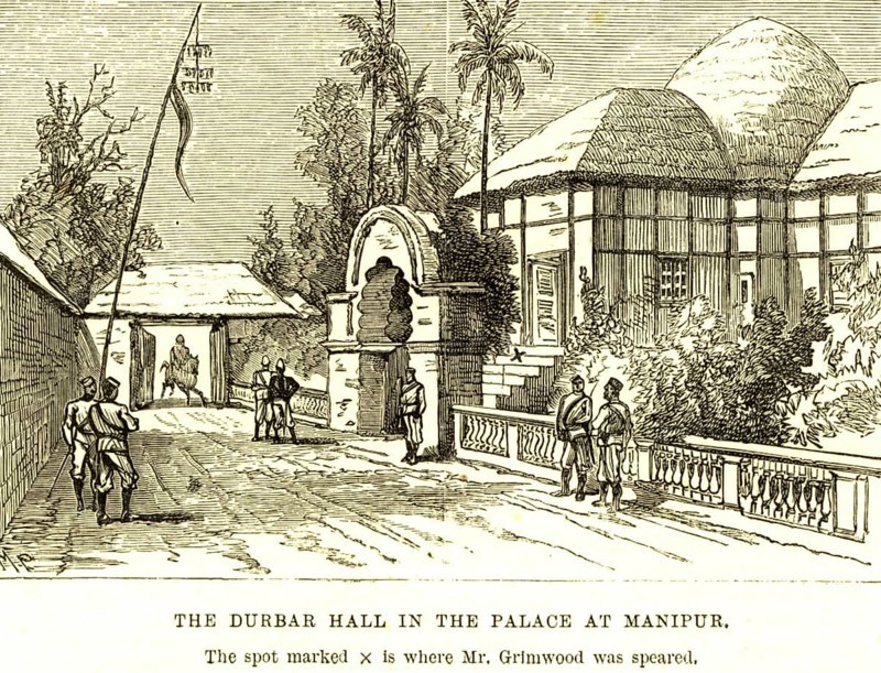 The Durbar Hall in the palace at Manipur, the spot marked cross is where Mr. Grimwood was speared, India, Asia