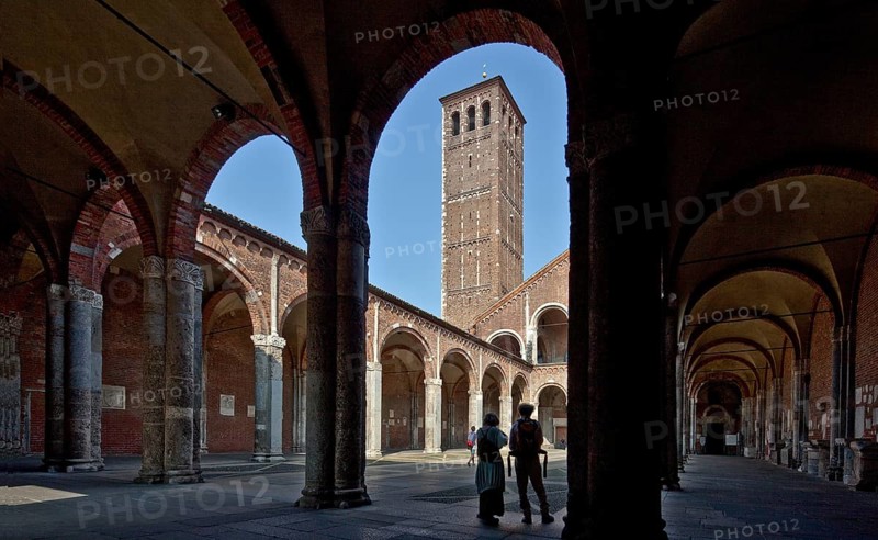 Italy Milan Milan Church of San Ambrogio 12th century Atrium inside with Campanile dei Canonici and longitudinal view through the south wing of the atrium, St., Saint, Saint
