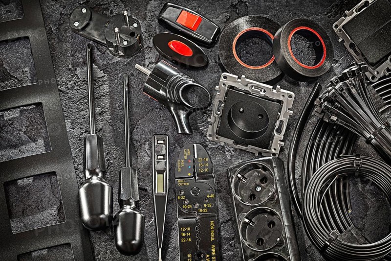 Black Electric Tools Set. DIY home improvement. Maintenance Home Concept