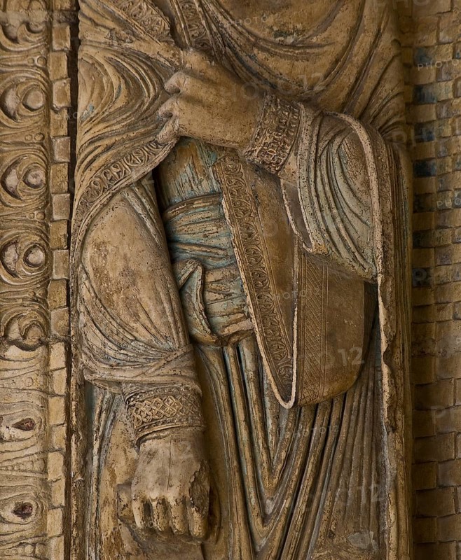 Bourges, Cathedral. South portal. Crowned saint on the left vault. Detail, St, Saint, Saint