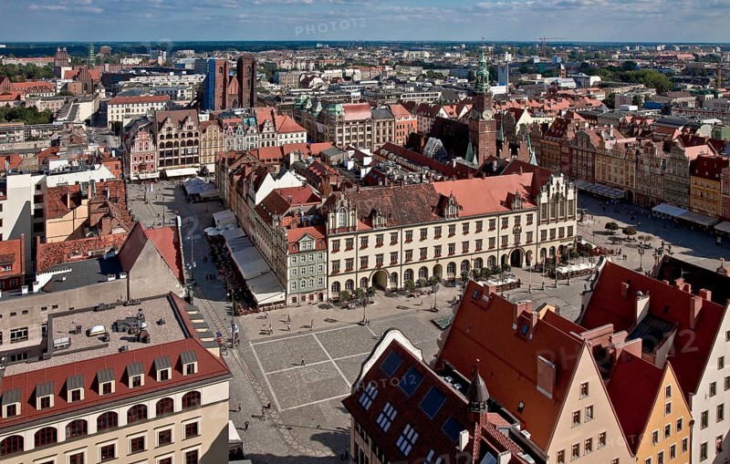 View from the tower of St Elisabeth's Church to the south-east across the market to St Maria Magdalena Church and the town hall tower, St, Sankt, Saint
