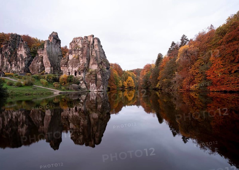 Horn-Bad Meinberg, Externsteine in autumn, view over the Wiembecke pond