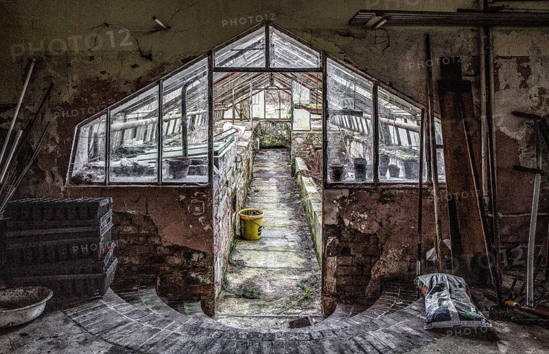 Harzgerode, former children's lung sanatorium 1929-1931 by Godehard Schwethelm, closed in 1998, view from the nursery into one of the two attached greenhouses