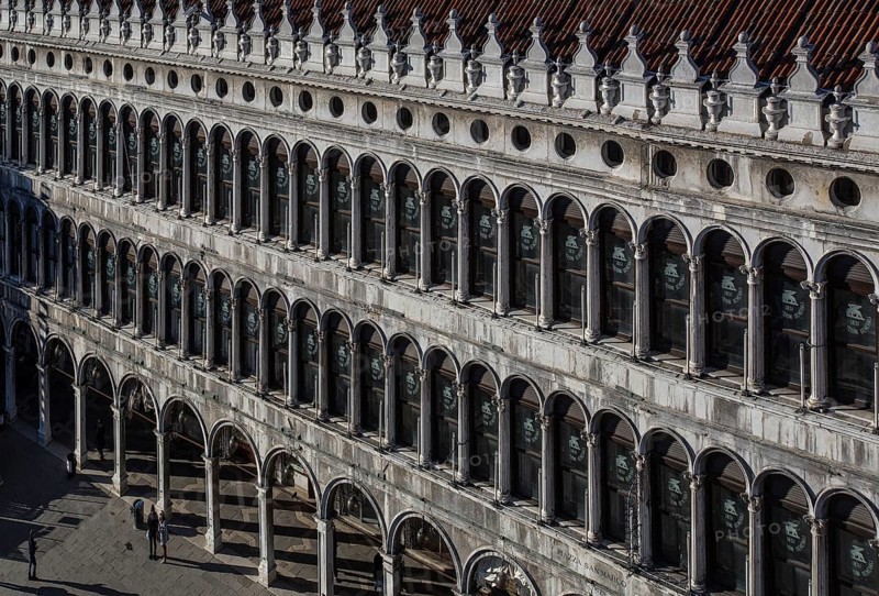 Italy Venice Old Procuratie on the north side of St Mark's Square -490 built at the beginning of the 16th century by Bartolomeo Bon Section of the façade seen from the gallery of St Mark's Basilica