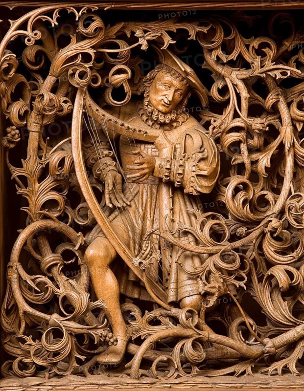 Seven Sorrows Altarpiece, Henrik Douvermann (1518-1521/22), predella, Root of Jesse, King David with harp, St, Saint, Saint