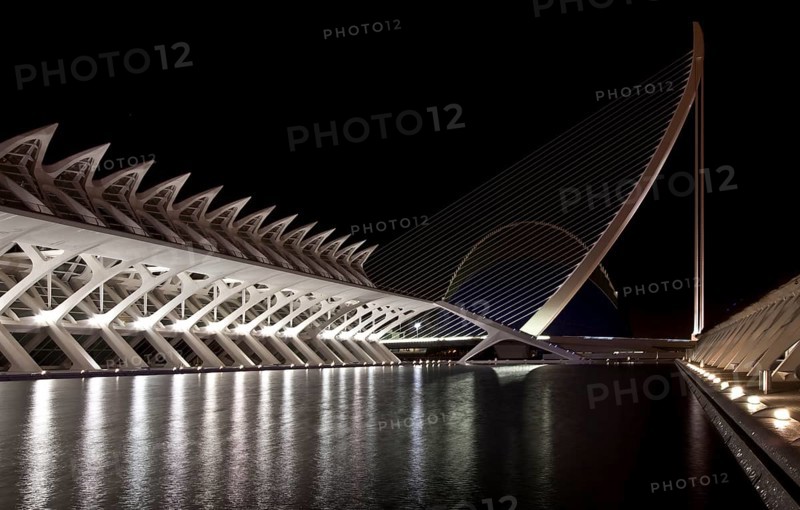 City of Arts and Sciences (cat./val. Ciutat de les Arts i de les Ciències), on the left MUSEO DE LAS CIENCIAS, behind El Ágora, on the right PUENTE DE AZUD DE ORO