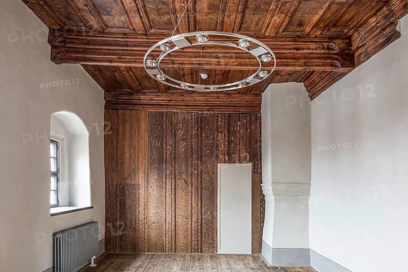 Luther city Eisleben St Annen Monastery. Room on the first floor with wooden ceiling and wall, St., Sankt, Saint