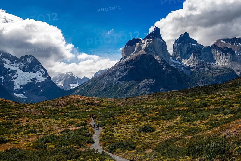 Trekker in front of the Cuernos del Paine, Torres del Paine National Park, Patagonia, Chile, South America