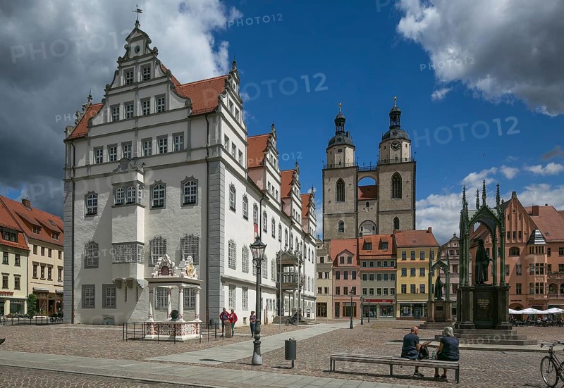 Luther city Wittenberg Market Square 6319 left Town Hall 16th century centre Towers of the town church 13th-16th century on the square Monuments to Melanchton and Luther 19th century