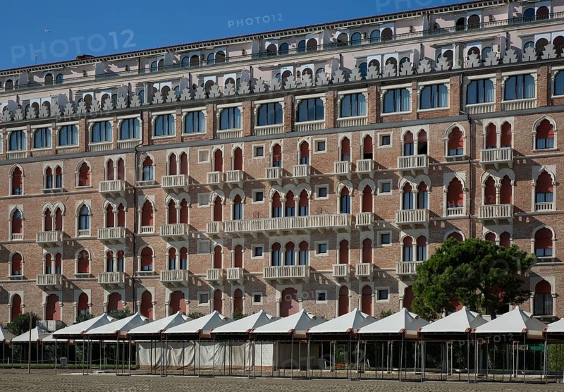 Italy Venice Lido -11 Grand Hotel Excelsior late 19th century Facade facing the Adriatic Sea Detail in front of beach tents