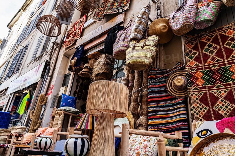 Shop exterior, lamps, carpets, baskets, Noailles, oriental neighbourhood in Marseille, France, Europe