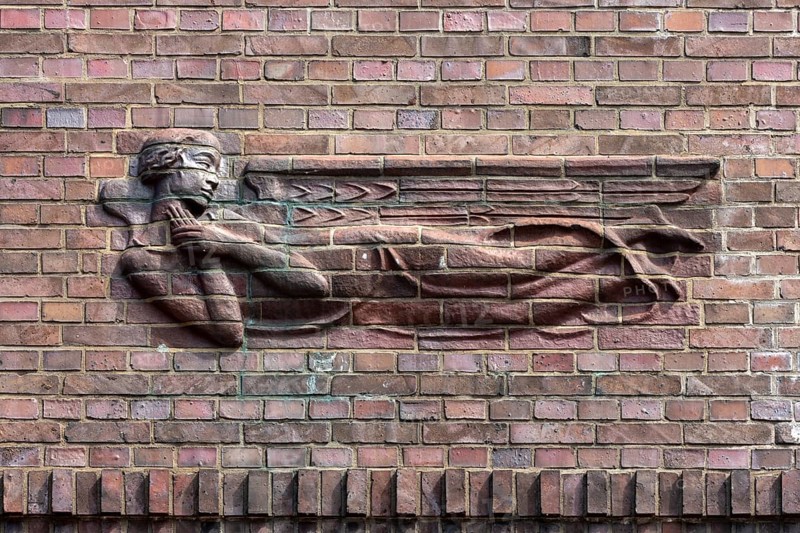 Hamburg, Ohlsdorf cemetery, new crematorium, built 1926-1933 by Fritz Schumacher. Brick decorations on the east side of the mourning hall, angels