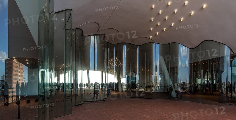 Hamburg, Elbphilharmonie, foyer called Plaza, wave-shaped glass wall to separate the Plaza into outdoor and indoor areas, designed by Herzog & de Meuron, built 2007-2016