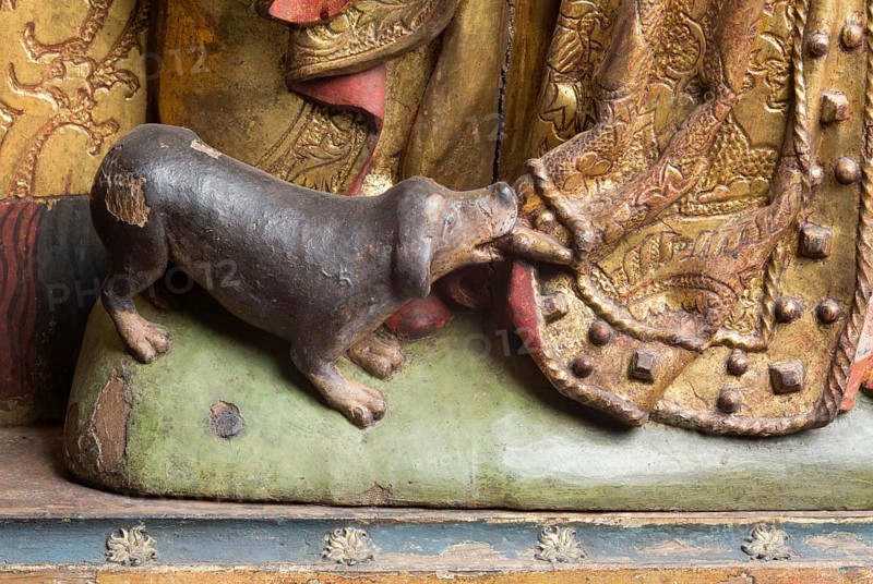 Altar of the Gertruden Brotherhood of Bearers, Lübeck c. 1509, carving: Henning van der Heide, detail dog snapping at a robe of the child Servatius, later Bishop of Maastricht, St., Saint, Saint