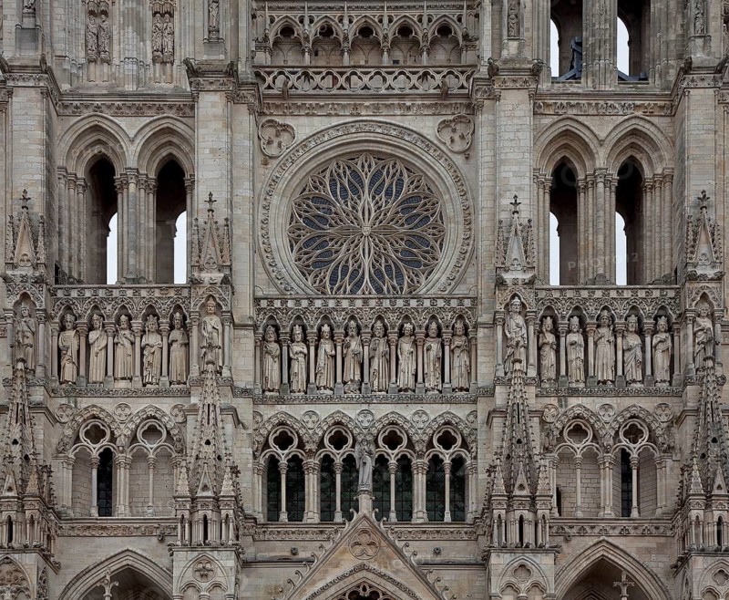 Start of construction 1220, west façade, section with rose window and royal gallery, St., Sankt, Saint
