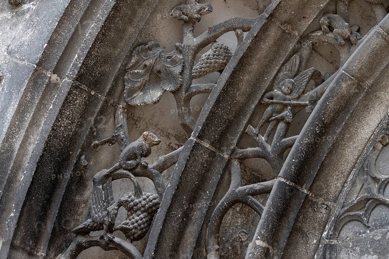 Chaumont, Basilica of St-Jean-Baptiste, portal on the south transept, figurative archivolts, angel playing music, vines and mythical creatures